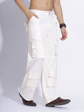 Side view of white cargo pants, showcasing spacious side cargo pockets