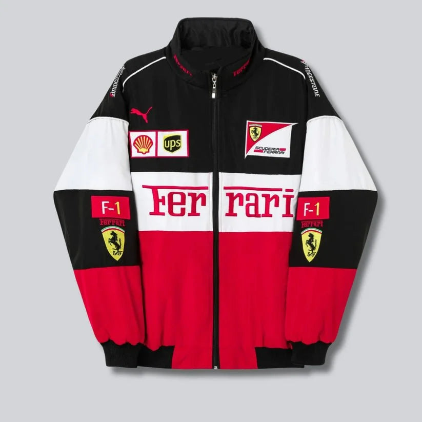 Front View: Show the iconic Ferrari logo on the chest, the design details like sponsor patches, and the overall silhouette of the jacket.